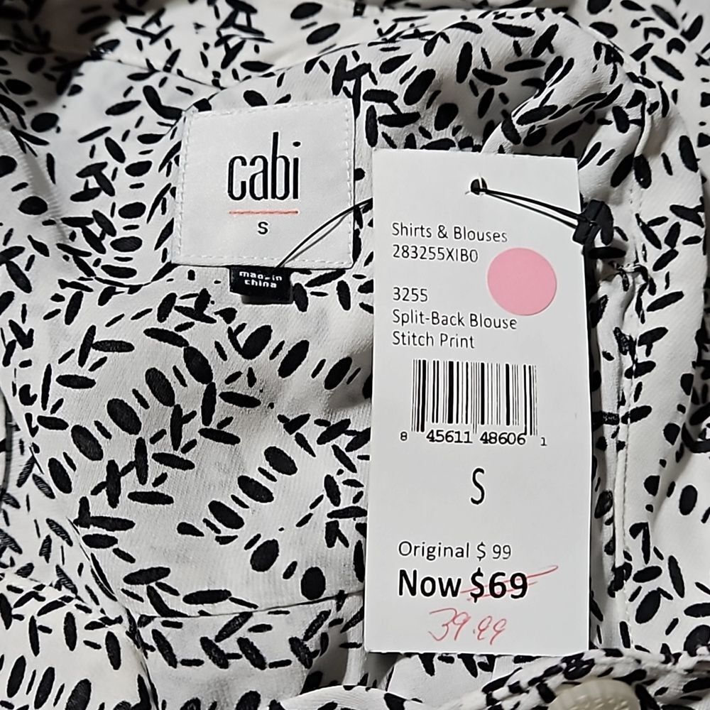 Cabi Black & White Button Down Long Sleeve Blouse w/Split Back size S NWT